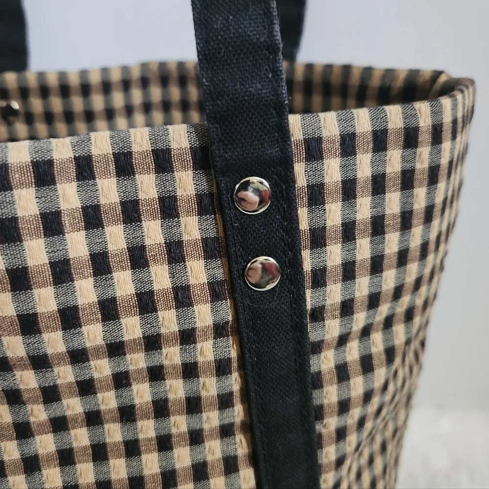 Longaberger Homestead Black Tan Checkered Plaid Tote Bag